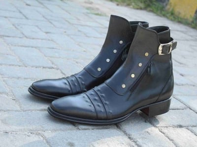 Crafted Leather Handmade Men Black Leather Jodhpur Dress Buckle Boot with Zipper and Button