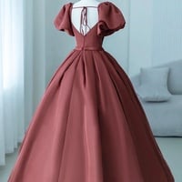 A-Line Satin Short Sleeve Evening Party Dress - Thumbnail 1