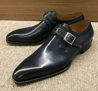 Handmade Men Blue Leather Monk Strap Shoes