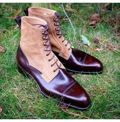 Handmade Men Burgundy Suede Calf Leather Ankle High Lace up Dress Boot