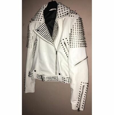 Crafted Leather Handmade White Color Biker Real Leather Studded Jackets For Mens