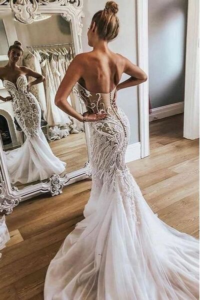Sexy Mermaid Wedding Gown, Beads Appliques Lace Bridal Gown Wedding Dress