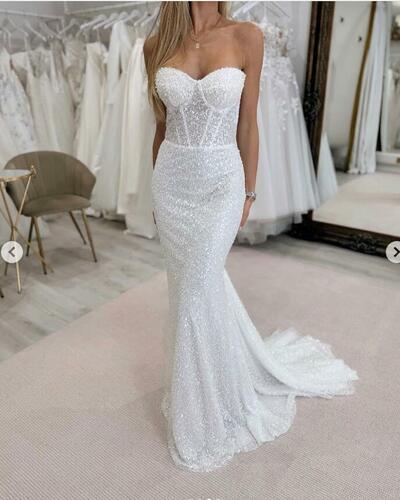 Elegant Mermaid Sequins Lace Beach Bohemia Wedding Dress Bridal Gowns Wedding Gown