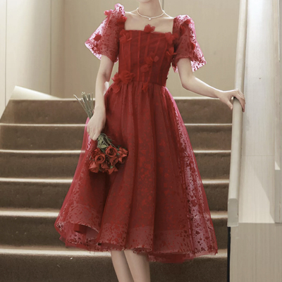 Red tulle a-line short prom party dress - Thumbnail 2