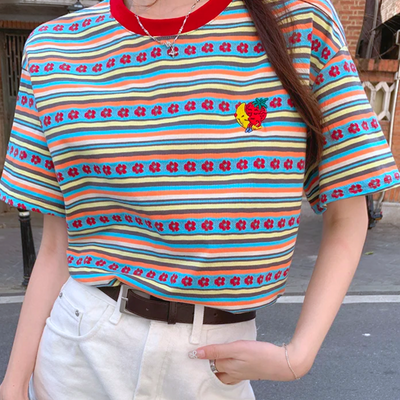 *free shipping*strawberry with moon flora striped tee - Thumbnail 2