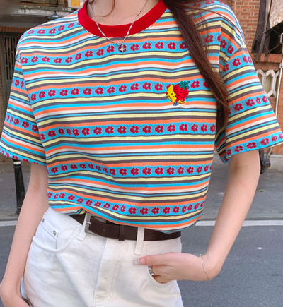 *Free Shipping*STRAWBERRY WITH MOON FLORA STRIPED TEE