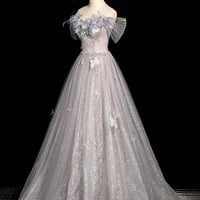 Gray Tulle Sequins Long A-Line Prom Party Dress - Thumbnail 1