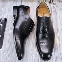 Men's three-joint business handmade genuine leather brogue oxford wedding shoes 3 colors - Thumbnail 1