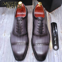 Men's three-joint business handmade genuine leather brogue oxford wedding shoes 3 colors - Thumbnail 5