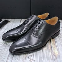 Men's three-joint business handmade genuine leather brogue oxford wedding shoes 3 colors - Thumbnail 6