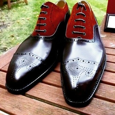 Handmade Men Black Calf Red Suede Leather Wingtip Oxford Dress Shoes
