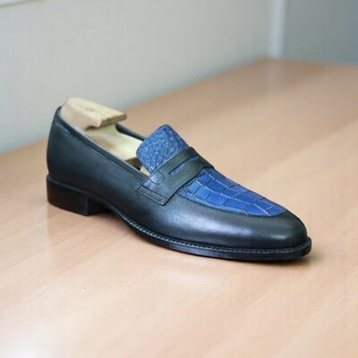 Handmade Men's Blue Black Alligator Texture & Leather Loafer Shoes