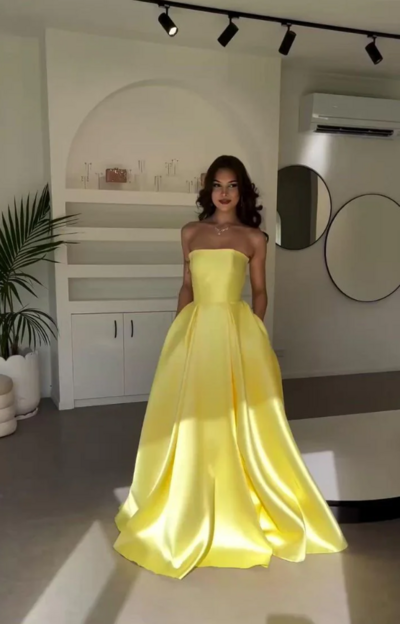 Elegant Strapless A Line Yellow Satin Prom Dress With Pockets