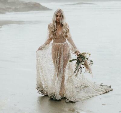Sexy Mermaid Wedding Gown, Sequins See-through Bridal Gown Wedding Dress