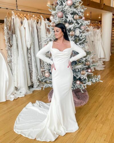 Simple Sheath Satin Long Sleeve Beach Bohemia Wedding Dress Bridal Gown Wedding Gown