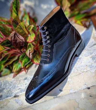 Handmade Men Black Calf Suede Leather Ankle High Lace up Boot