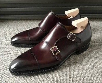 Handmade Men Burgundy Leather Double Monk Strap Shoes
