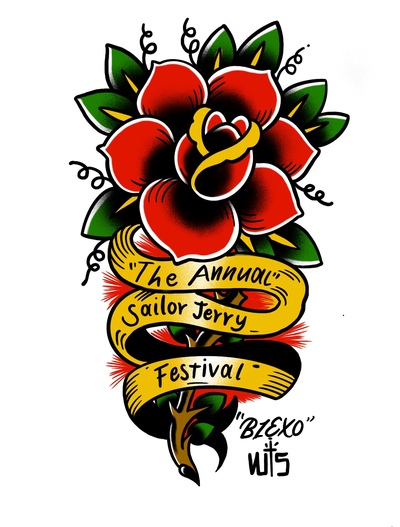 Sailor Jerry Festival ROSE T-shirt // Traditional Cut (Full-Color on Blue, White or Black fabric)