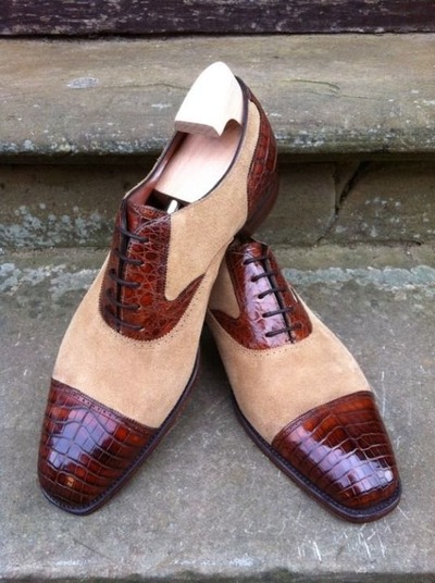 Handmade Men Brown Crocodile/Alligator Suede Leather Lace up Dress Shoes