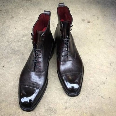 Handmade Men Black Leather Ankle High Lace up Balmoral Dress Boot