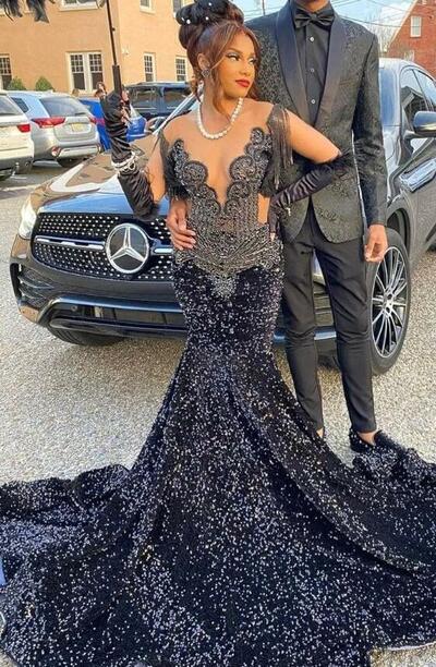 Sparkle Navy Blue Sequined Crystals Mermaid Prom Dresses For Black Girls Evening Party Gowns Sheer Jewel Neck Beaded Vestidos