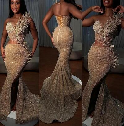 Mermaid Prom Dresses Sparkly Sequins Illusion Bodice Beaded Applique High Split Custom Made Pleats Evening Gown Formal Ocn Wear Vestidos Plus