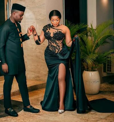 Prom Dresses for Black Women Illusion Evening Dresses Elegant Long Sleeves High Neck Appliqued Beaded Lace High Split Formal