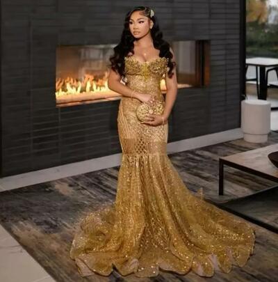 Gold Prom Dresses Black Girl Sequin Beading Christmas Party Gowns Mermaid Evening Dress Gala Customized