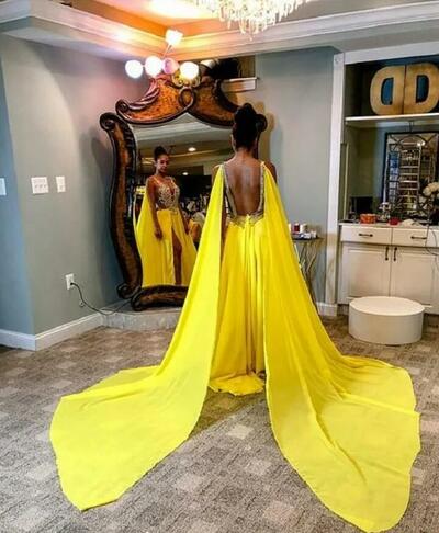 Bright Yellow Summer Prom Dresses With Wrap Appliqued Lace Beads Sleeveless Formal Custom Made Sexy Illusion Sweep Train Evening Dress