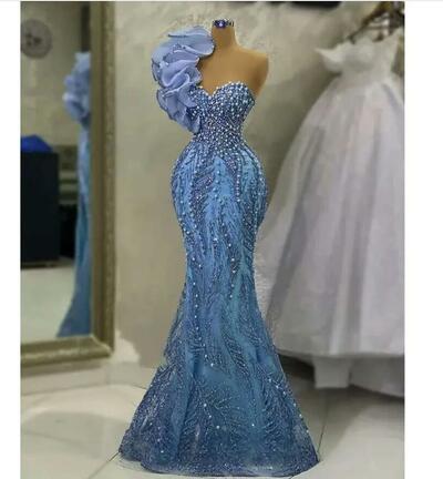 One Shoulder Prom Pearls Mermaid Sequined Lace Evening Formal Party Second Reception Birthday Engagement Gowns Dress Robe De
