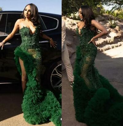 Side Split Dark Green Prom Dresses Appliques Lace Beaded Ruffles Long Pageant Special Occasion Gowns Sweetheart Sleeveless Evening Dress