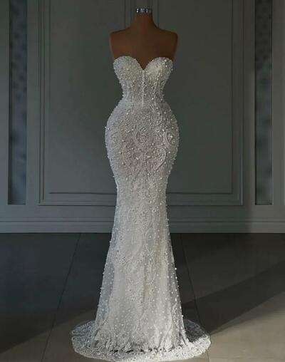 Elegant Prom Dresses Sleeveless Strapless Sweetheart Appliques Sequins Beaded Pearls Evening Dresses Lace Floor Length Evening Dress Plus Size