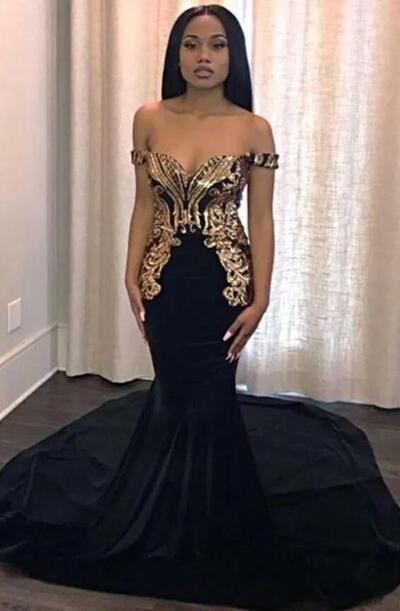 Elegant Black Gold Metal Appliqued Mermaid Prom Dresses Off The Shoulder Black Girls Formal Party Evening Gowns