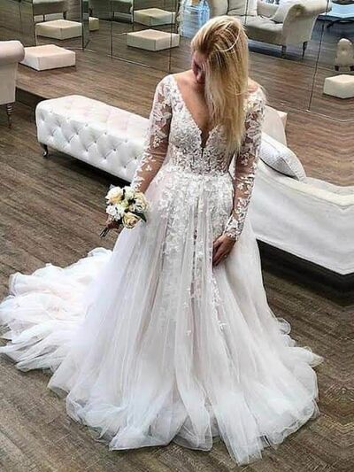Elegant A Line Long Sleeve Lace Appliques Wedding Dress Bridal Gowns Wedding Gown
