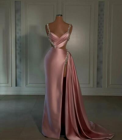 Pink Sheath Evening Gown Beaded Straps V Neck Party Prom Dresses Ruffle Sweep Train Split Formal Long Dress for special occasion