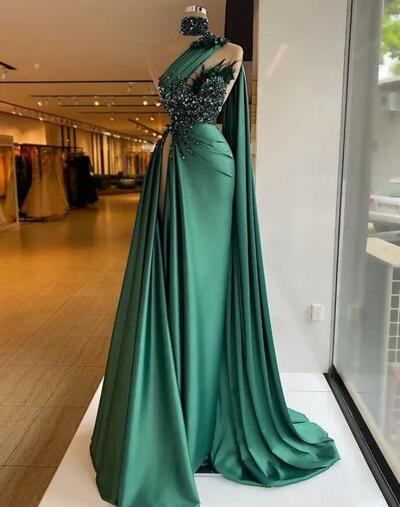 Hunter Green Satin Mermaid Prom Party Dresses One Shoulder High Neck Beaded Feather Plus Size Formal Evening Occasion Gowns