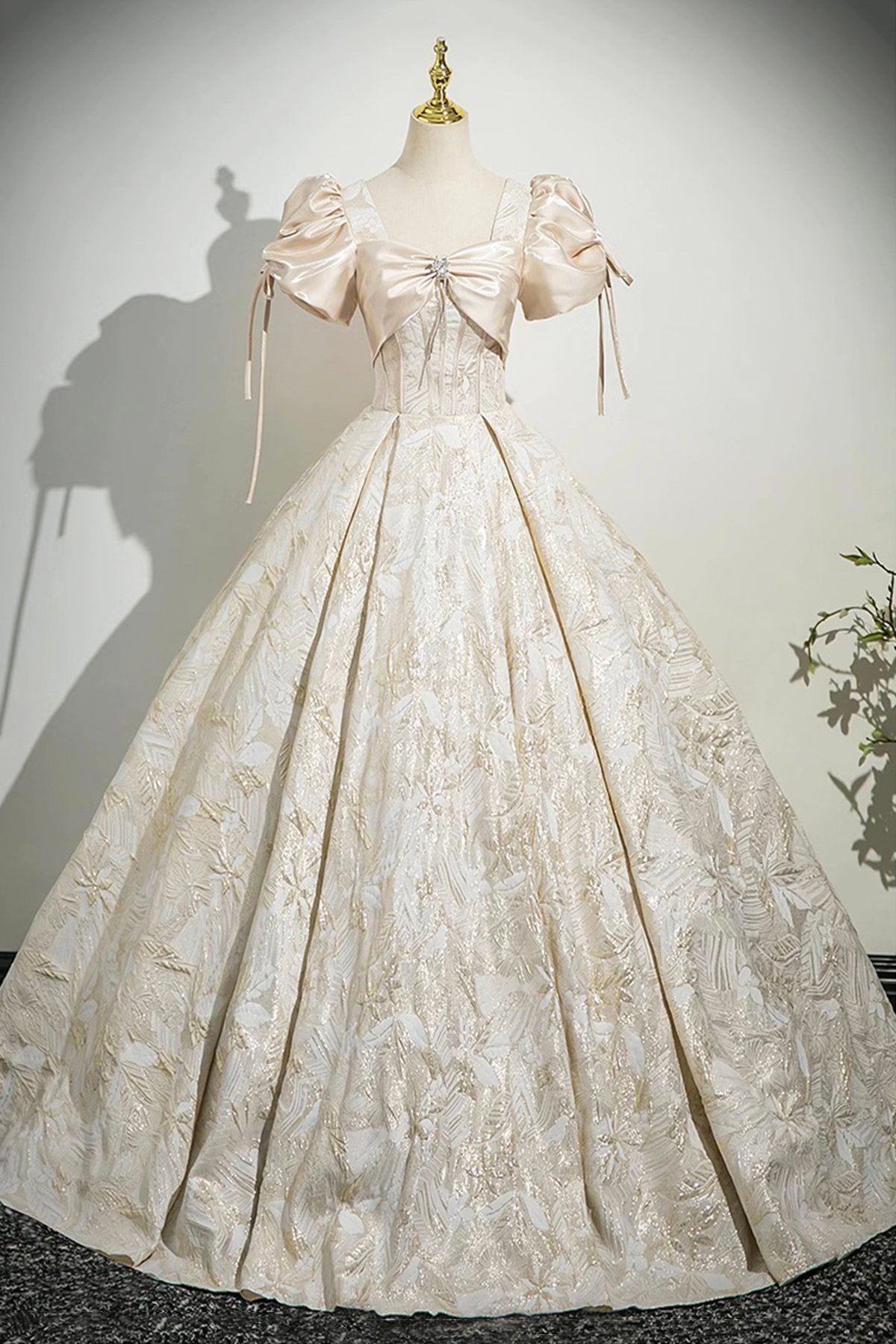 Champagne Print Long Prom Dress, A-Line Short Sleeve Party Dress