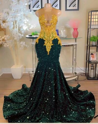 Sparkly Dark Green Mermaid Prom Dresses For Arabic Women With Gold Applique Party Gowns Long Evening Dress Vestidos De Graduacion