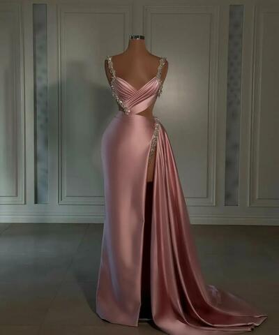 Pink Sheath Evening Gown Beaded Straps V Neck Party Prom Dresses Ruffle Sweep Train Split Formal Long Dress