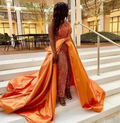 Orange Beaded Jumpsuits Prom Dresses Sequined One Shoulder Neckline Overskirt Evening Gowns Appliqued Sweep Train Special Ocn Forma