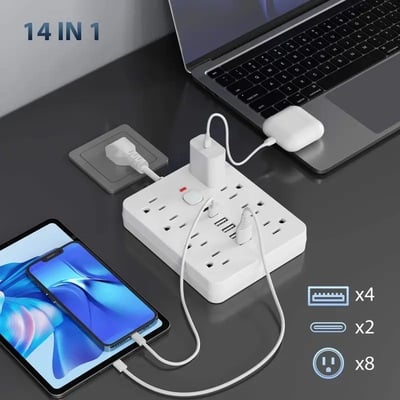 CHIEFWAY 14-in-1 Power Strip Surge Protector – 8 AC Outlets, 4 USB & 2 Type-C Ports, Flat Plug Multi-Outlet Expander, Compact Desk Charging Station