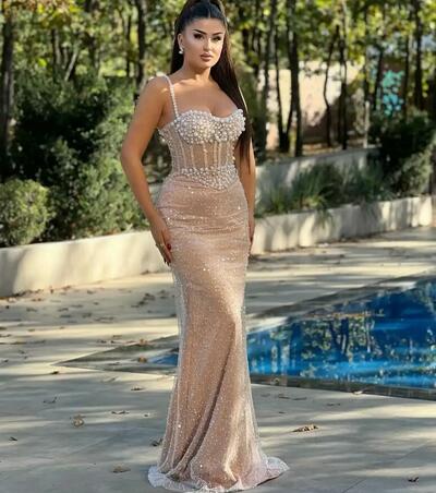 Modern Sequined Mermaid Prom Dresses With Pearls Beaded Spaghetti Straps Corset Long Formal Events Evening Gowns For Women Sleeveless Nude