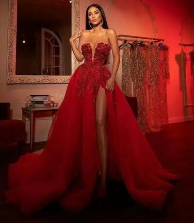 Red Prom Dresses Lace Stylish Luxurious Beaded Crystals Sexy Evening Formal Party Second Reception Gowns Dress Custom Made Side Split