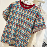 Strawberry With Crescent Moon Embroidery Floral Striped Color Block Tee - Thumbnail 6