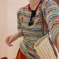 Strawberry With Crescent Moon Embroidery Floral Striped Color Block Tee - Thumbnail 3