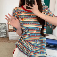 Strawberry With Crescent Moon Embroidery Floral Striped Color Block Tee - Thumbnail 4