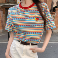 Strawberry With Crescent Moon Embroidery Floral Striped Color Block Tee - Thumbnail 2