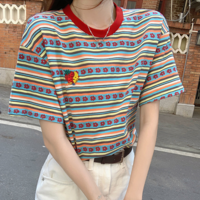 Strawberry With Crescent Moon Embroidery Floral Striped Color Block Tee - Thumbnail 5