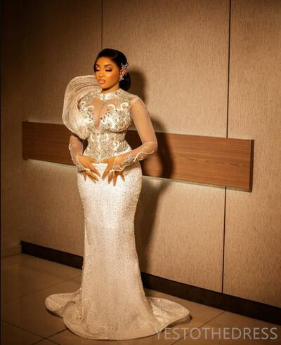 Plus Size Prom Dresses for Black Women Promdress High Neck Long Sleeves Rhinestones Decorated Sequined Lace Birthday Dress