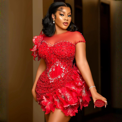 Cocktail Dresses Sheer Neck Illusion Short Mini Prom Dress Sequined Lace 3D Flowers Beaded Pearls Pleated Evening Formal Gowns